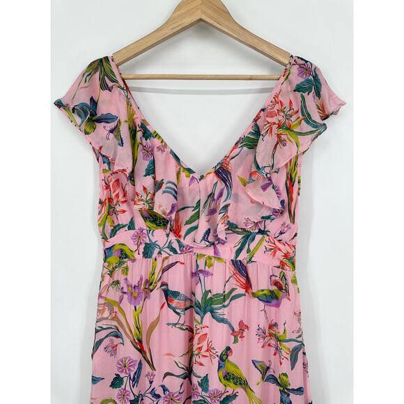 Banjanan 100% Silk Marina Dress Chiffon Maxi Dress Floral V-Neck Ruffle Tiered - Picture 9 of 15